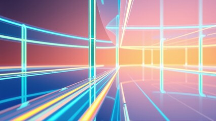 Fototapeta premium Abstract neon lines create futuristic tunnel. Bright colors blend, forming dynamic perspective. Minimalist design evokes digital space.