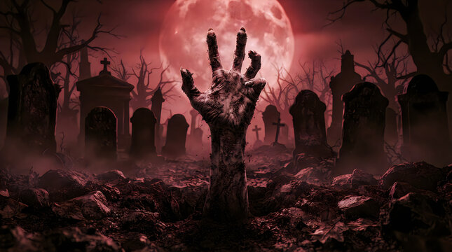 Happy Holloween day 2026 Spooky graveyard, zombie hand, full moon, horror scene, dark landscape nice jpg