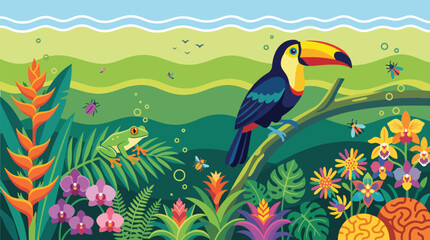 Fototapeta premium Vibrant illustration of a lush rainforest scene with a toucan, frog, and exotic flowers.