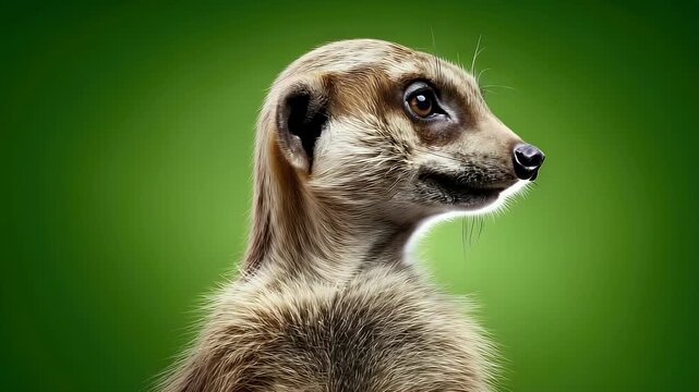 Cute meerkat standing alert on green background studio portrait