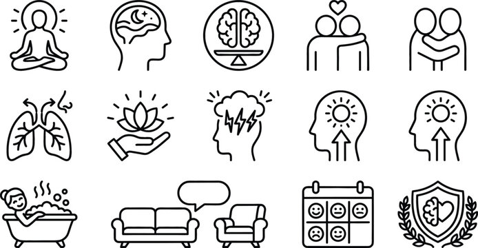 Black Outline Mental Health and Wellness Icon Line Art Set Featuring Meditation Psychology Therapy Stress Relief Mood Tracker and Self Care Concepts for Counseling Designs