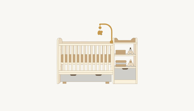 Beautiful empty wooden baby crib with a mobile toy and a diaper changing table next to it on white background.