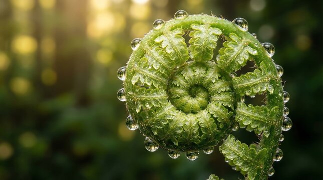 green fern spiral with dew drops on white not visible background