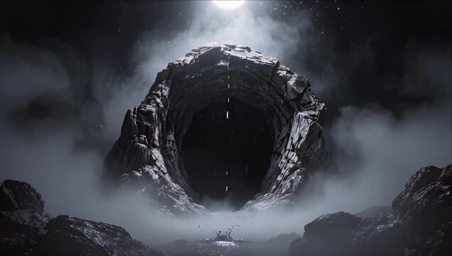 Eerie cave dark portal rocky arch horror atmosphere night landscape with mystical stone portal and mysterious cave entrance under ominous moonlight dense fog fantasy scene surreal rock formation