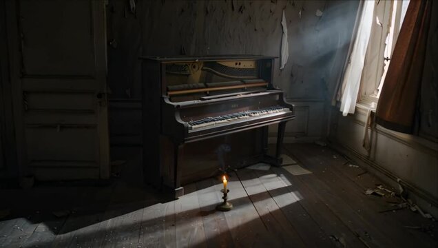 Abandoned piano horror atmosphere in dark empty room with candle light and smoke dust eerie shadow haunted mood broken key dusty floor peeling wall decayed haunted house mystery deepens in silence
