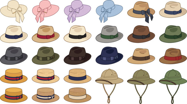 Summer Hat Collection Vector Set Featuring Sun Hats Fedoras Panama Hats Straw Boaters and Safari Helmets for Travel Fashion and Outdoor Graphic Designs