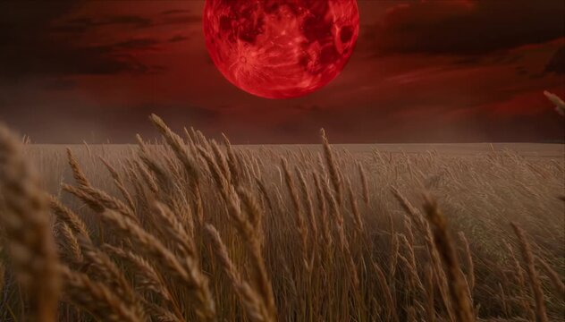 Red moon night sky horror atmosphere over wheat field and grass crop under dark cloud and eerie misty landscape creating surreal mood and uncanny silence in rural countryside scene