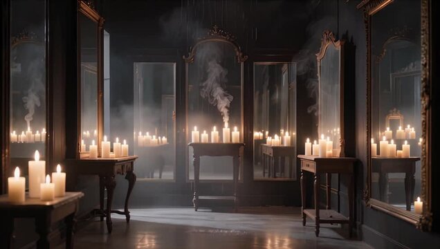 Dark Gothic Interior Candle Mirror Reflection with Smoke Flame and Moody Mysterious Horror Atmosphere in Eerie Corridor Scene Full of Shadow Mystery and Tension