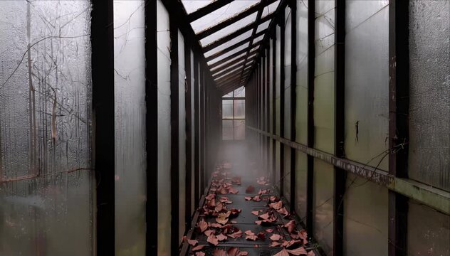 Abandoned corridor passage in greenhouse horror atmosphere damp decay cold fog dim mist moody light wet glass rusty metal frame autumn leaf floor narrow walkway eerie mood immersive perspective