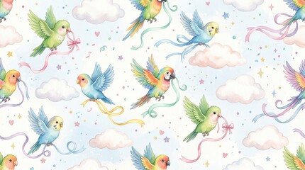 Fototapeta premium Seamless Watercolor Pattern of Cute Parrots Flying in Clouds
