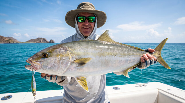 Fisherman holding a large yellowtail catch on a boat at sea