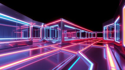 Fototapeta premium Futuristic corridor glows with vibrant neon lights. Geometric patterns create depth, extending into darkness. Sleek design, modern aesthetic.