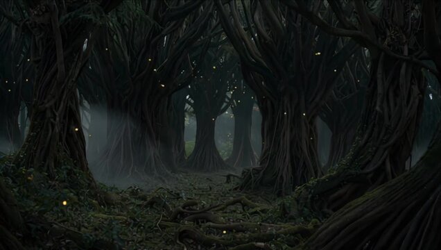 Dark forest twisted tree roots branches firefly mystery enchanted path horror atmosphere fantasy landscape mist roots mysterious path eerie atmosphere dense woodland night scene enchanted nature root
