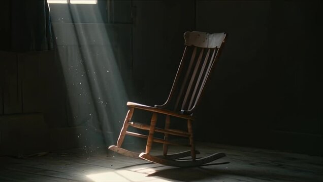 Haunted room horror eerie atmosphere with empty rocking chair on old wood floor in dark abandoned interior dust beam sunlight shadow mysterious spooky ghost lonely quiet suspense mood