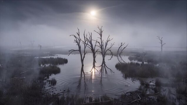 Dark swamp fog moon dead tree reflection water night horror atmosphere eerie haunted wetland foggy lake full moon dark sky moody scene surreal marsh landscape with mist ripple still water