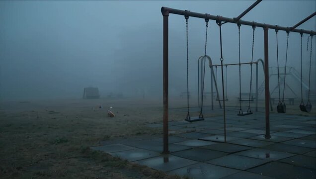Lonely foggy playground swing in thick misty eerie horror atmosphere spooky deserted park with empty metal frame seat autumn cold gloom and haunting silence