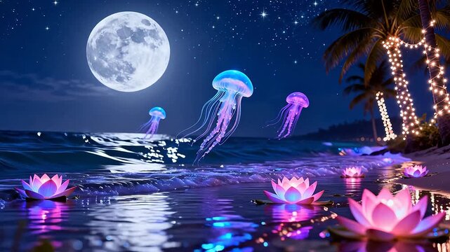 Moonlit beach with glowing jellyfish and lotus