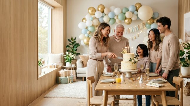 Family celebrating with birthday cake and balloons in decorated room