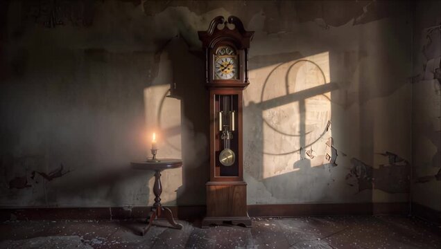 Antique clock horror atmosphere with candle in dark room old wall shadow and vintage furniture, eerie interior of abandoned house with wood floor and creepy light creating spooky mood