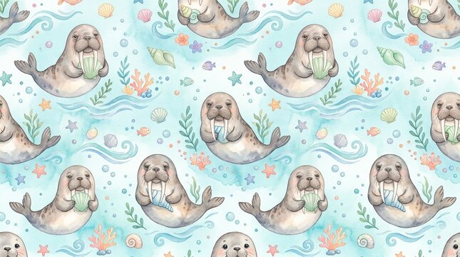 Cute Watercolor Baby Walrus Seamless Pattern with Sea Shells