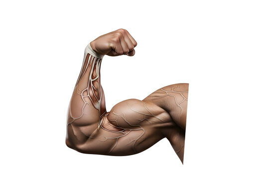 Close up of muscular male arm flexing bicep in strong pose against white background