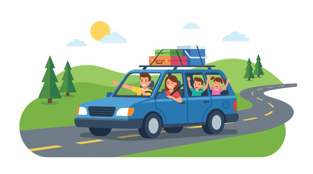 Happy Family day 2026 Family road trip, vacation travel, cartoon car, happy family isolated on White Background nice flat vector