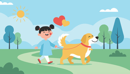 Fototapeta premium Cute young girl walking her happy dog on a red leash in a sunny park under floating love heart symbols.