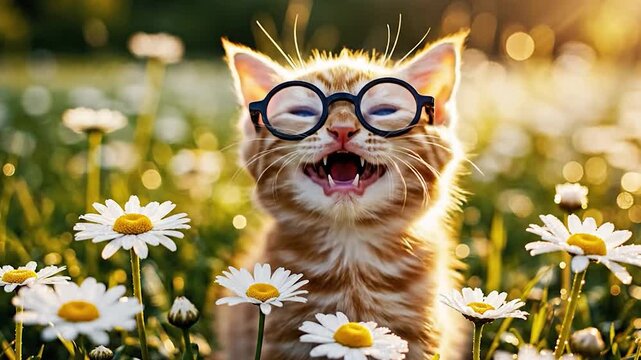 Ginger kitten wearing black glasses sitting in a field of white daisies under golden sunlight