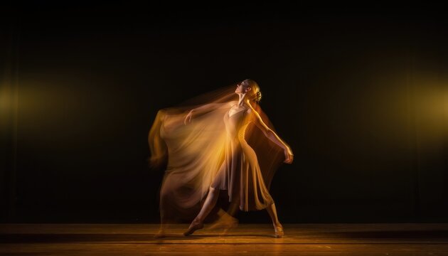 Graceful ballerina dancing in long exposure motion blur on stage.