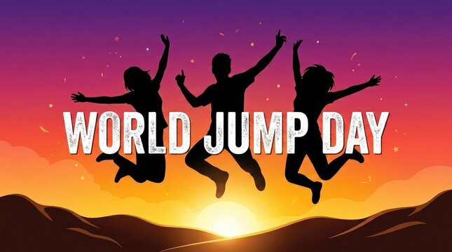 World Jump Day vibrant design featuring silhouettes of energetic jumping people over mountains at sunrise backdrop