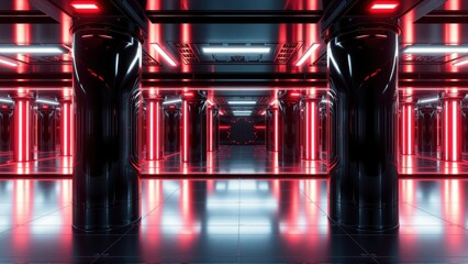 Fototapeta premium Futuristic corridor. Dark sleek design. Red, blue lights create dramatic reflections. Minimalist architecture, symmetrical composition.