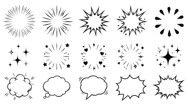 Collection of handdrawn explosion burst shapes stars and comic speech bubbles isolated on transparent background