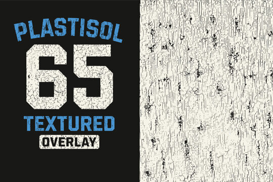 Vintage plastisol textured overlay vector, distressed 65 screen print effect, grunge cracked ink texture for t-shirt design and apparel graphics
