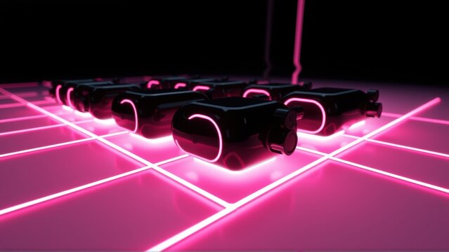 Dark scene features multiple vr headsets arranged on glowing pink grid. Futuristic aesthetic, neon lights create strong visual impact.