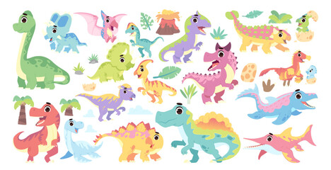 Cute Pastel Dinosaur Cartoon Set with Hand Drawn Illustration for Kids Nursery Stickers, Clipart Designs © ozy