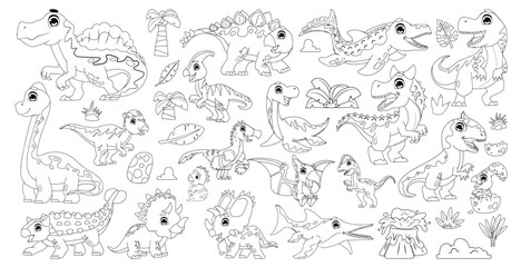 Cute Dinosaur Cartoon Set with Hand Drawn Black Outline Style for Kids Coloring Pages, Nursery Clipart © ozy