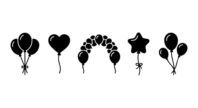 Black Balloon Icons Set, Party Celebration Vector Graphics, Heart Star Arch Shapes