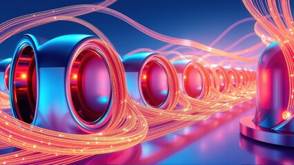 Fototapeta premium Futuristic tunnel, glowing red lines, blue cylinders. Digital network concept, data transmission, vibrant colors, sleek design.