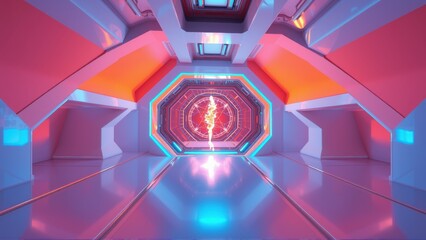 Fototapeta premium Futuristic corridor. Bright neon lights illuminate sleek walls. Central energy source glows intensely, creating dramatic perspective.