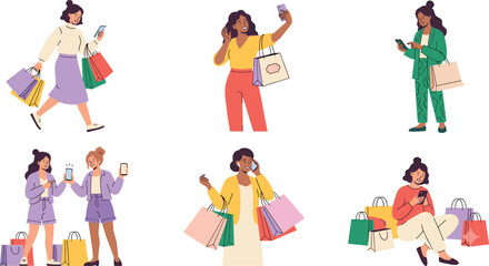 Fototapeta premium Young Women Shopping and Using Smartphones Character Vector Set with Colorful Retail Shopping Bags for Mobile Commerce and Consumer Lifestyle Graphic Designs