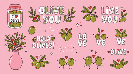Cute cartoon olives and text elements expressing love and greetings with a playful handdrawn style © Shawon