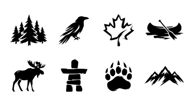 Canadian Nature Icons: Maple Leaf, Moose, Canoe, Raven, Trees, Mountains, Inukshuk, Paw Print
