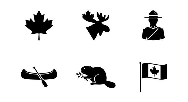 Canadian Icons Set: Maple Leaf, Moose, Mountie, Canoe, Beaver, Flag Vector Graphics