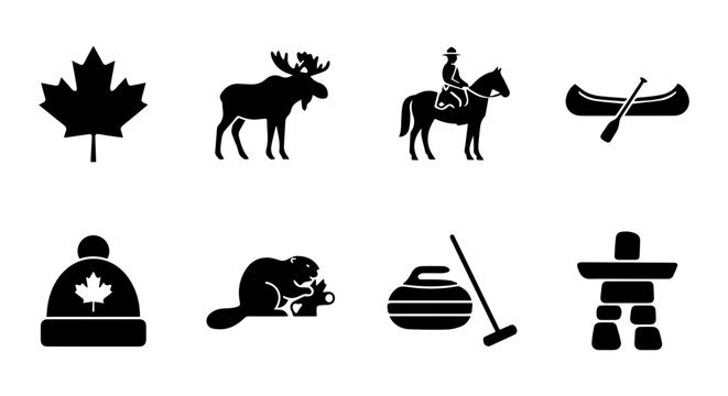 Canadian Icons Vector Set: Maple Leaf, Moose, RCMP, Canoe, Beanie, Beaver, Curling, Inukshuk