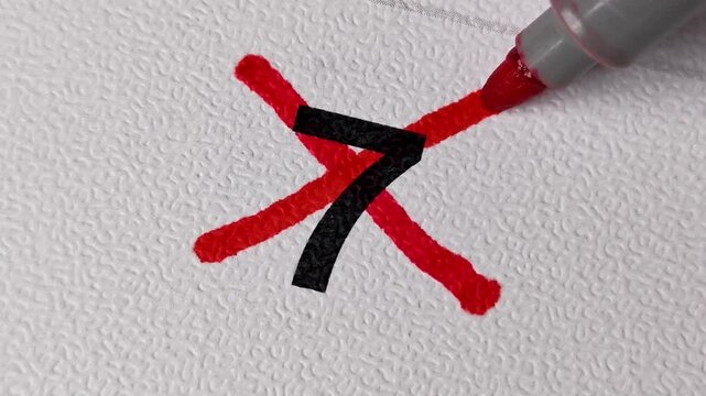 Crossing out number 7 on calendar with red marker. Concept of cancellation or completion