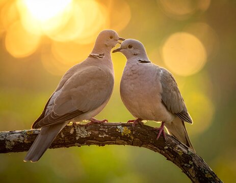 Pair of crested doves perched on a lichen branch with bright golden sunset bokeh background