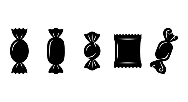 Black Candy Wrappers Vector Icons, Sweet Treat Packaging Silhouettes, Confectionery Packaging Graphics