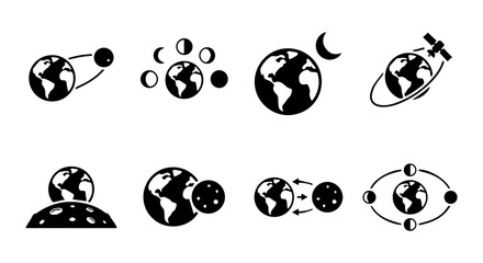 Earth Moon Orbit Icons, Celestial Phases, Space Exploration Vector Set © Aktar