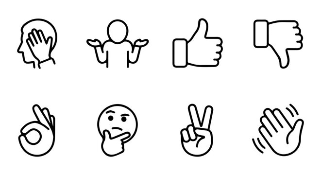 Set of 8 Simple Line Icons: Thumbs Up, Down, OK, Facepalm, Shrug, Thinking, Peace, Applause