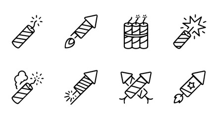 Firecracker Icons, Pyrotechnic Symbols, Celebration Fireworks, Festive Explosions, Vector Graphics Set © Aktar